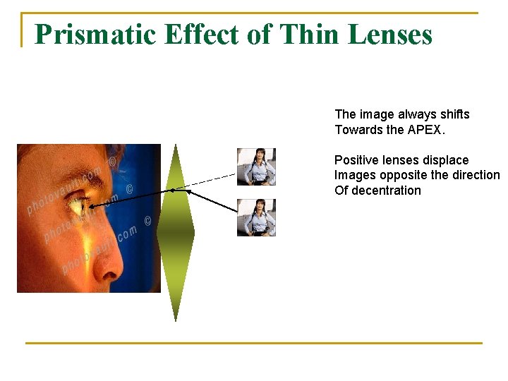Prismatic Effect of Thin Lenses The image always shifts Towards the APEX. Positive lenses