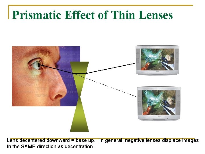 Prismatic Effect of Thin Lenses Lens decentered downward = base up. In general, negative