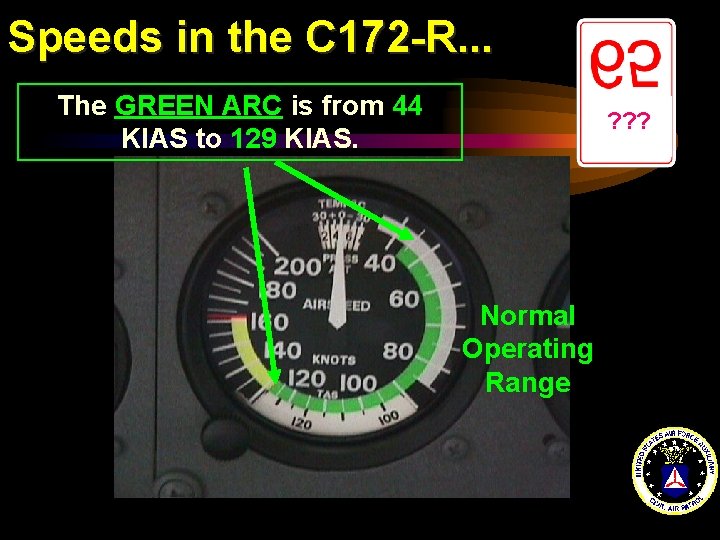 Speeds in the C 172 -R. . . The GREEN ARC is from 44