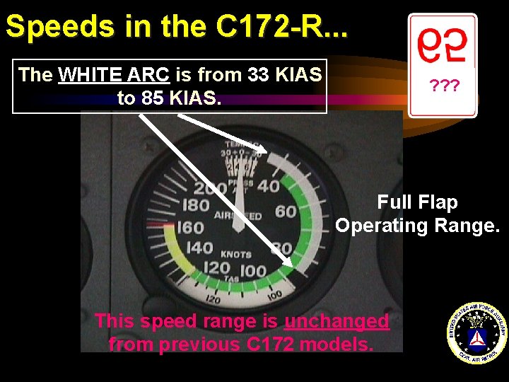 Speeds in the C 172 -R. . . The WHITE ARC is from 33