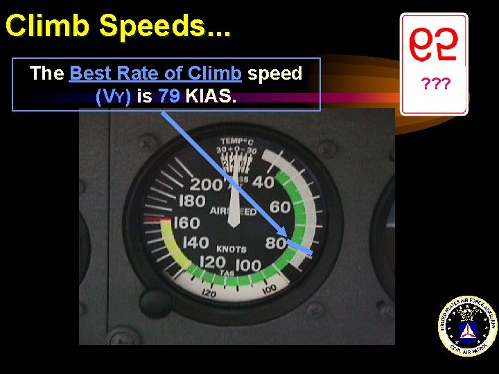 Climb Speeds. . . The Best Rate of Climb speed (VY) is 79 KIAS.