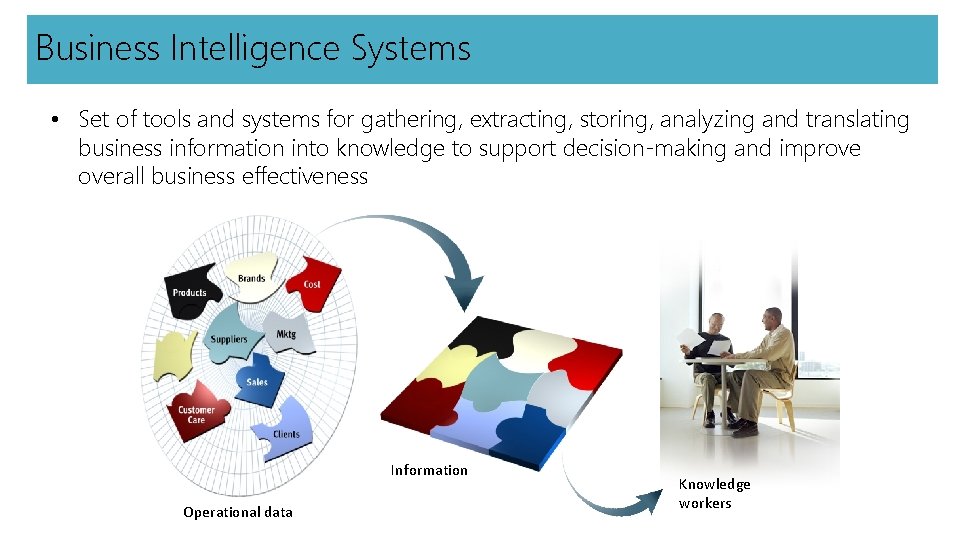 Business Intelligence Systems • Set of tools and systems for gathering, extracting, storing, analyzing