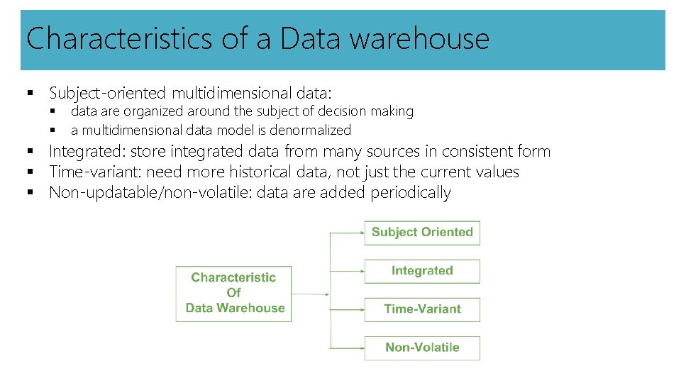 Characteristics of a Data warehouse § Subject-oriented multidimensional data: § § data are organized