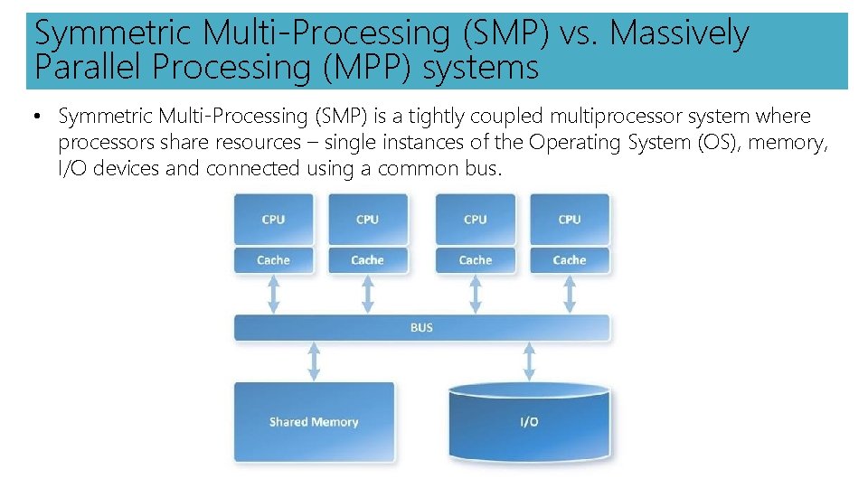 Symmetric Multi-Processing (SMP) vs. Massively Parallel Processing (MPP) systems • Symmetric Multi-Processing (SMP) is