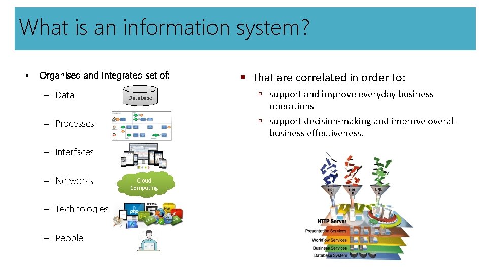 What is an information system? • Organised and integrated set of: – Database –
