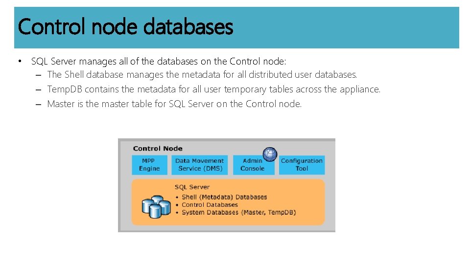 Control node databases • SQL Server manages all of the databases on the Control