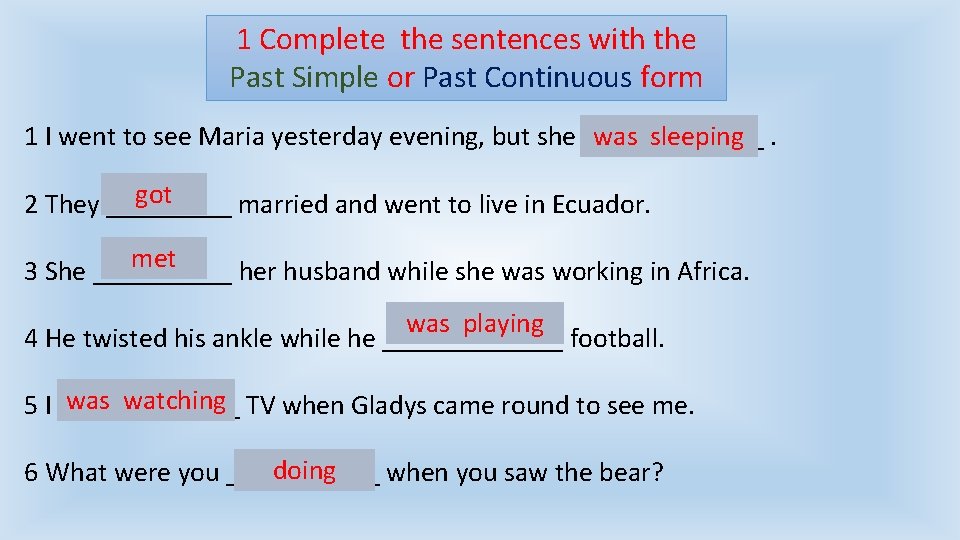 1 Complete the sentences with the Past Simple or Past Continuous form was sleeping.