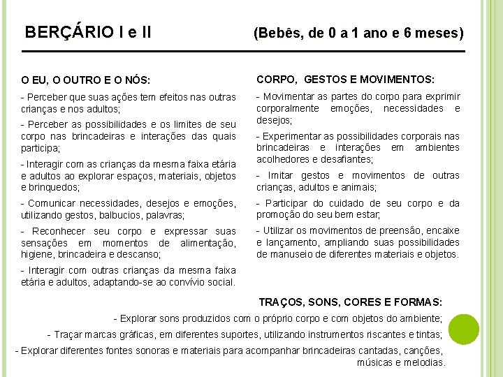 BERÇÁRIO I e II (Bebês, de 0 a 1 ano e 6 meses) ___________________