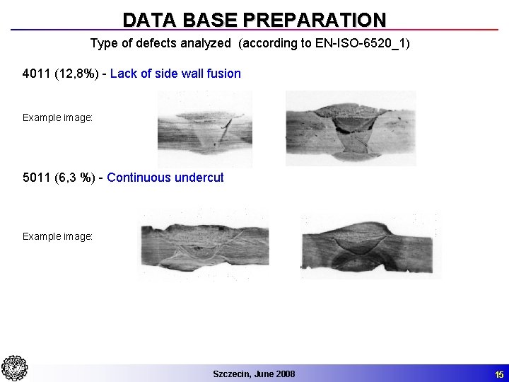 DATA BASE PREPARATION Type of defects analyzed (according to EN-ISO-6520_1) 4011 (12, 8%) -