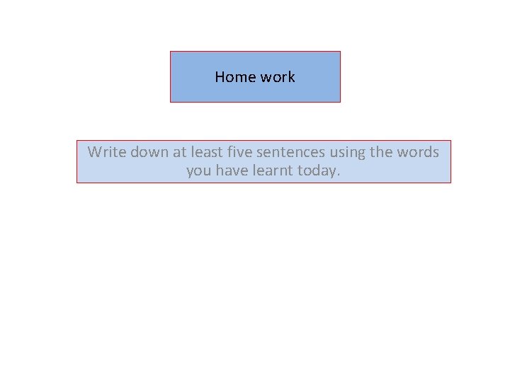 Home work Write down at least five sentences using the words you have learnt