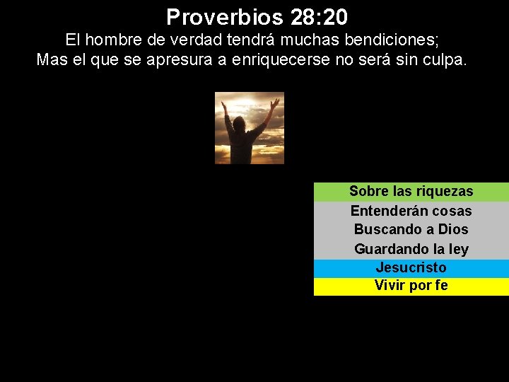 Proverbios 28: 20 El hombre de verdad tendrá muchas bendiciones; Mas el que se