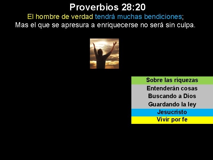 Proverbios 28: 20 El hombre de verdad tendrá muchas bendiciones; Mas el que se