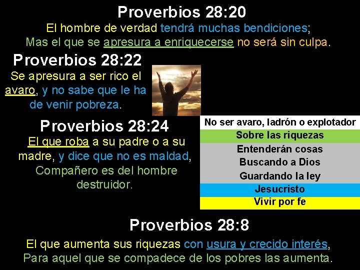 Proverbios 28: 20 El hombre de verdad tendrá muchas bendiciones; Mas el que se