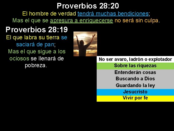 Proverbios 28: 20 El hombre de verdad tendrá muchas bendiciones; Mas el que se