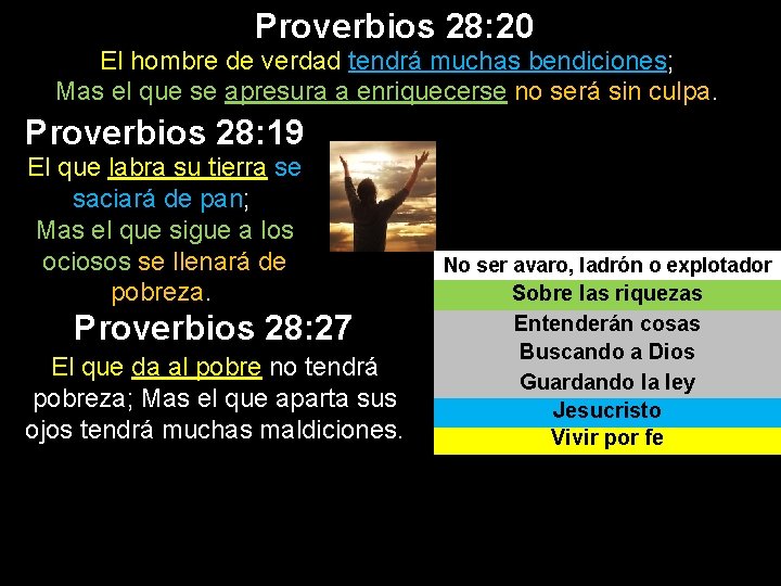 Proverbios 28: 20 El hombre de verdad tendrá muchas bendiciones; Mas el que se