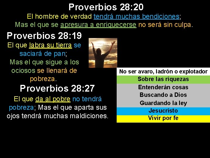 Proverbios 28: 20 El hombre de verdad tendrá muchas bendiciones; Mas el que se