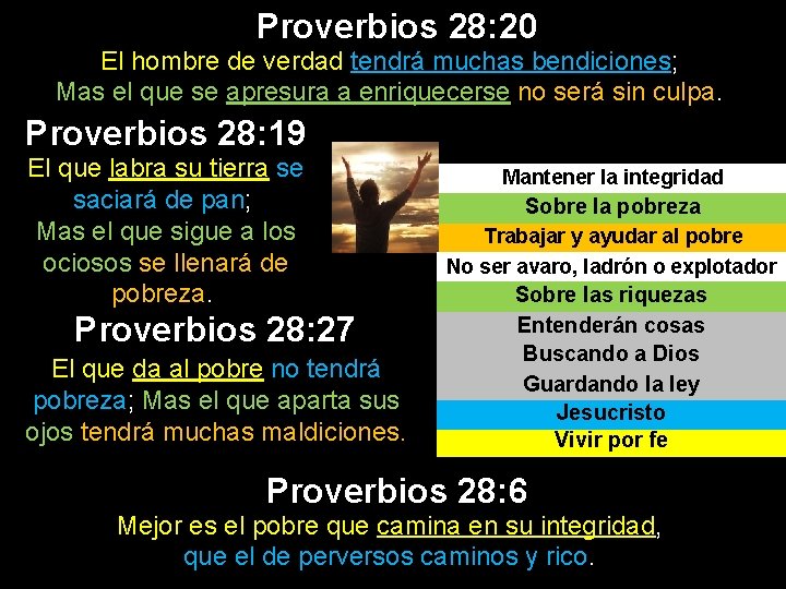 Proverbios 28: 20 El hombre de verdad tendrá muchas bendiciones; Mas el que se