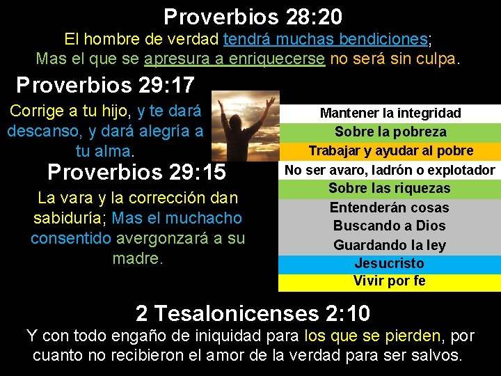 Proverbios 28: 20 El hombre de verdad tendrá muchas bendiciones; Mas el que se