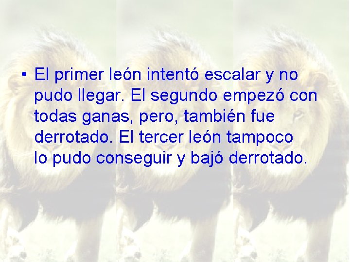  • El primer león intentó escalar y no pudo llegar. El segundo empezó