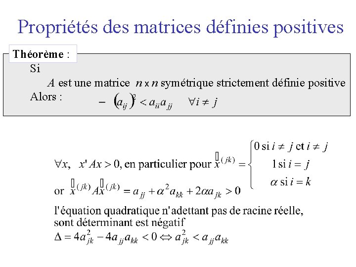 Propriétés des matrices définies positives Théorème : Si A est une matrice n x