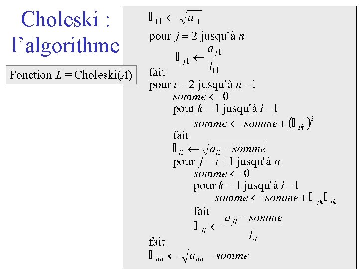 Choleski : l’algorithme Fonction L = Choleski(A) 