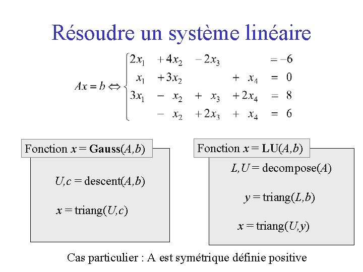 Résoudre un système linéaire Fonction x = Gauss(A, b) U, c = descent(A, b)