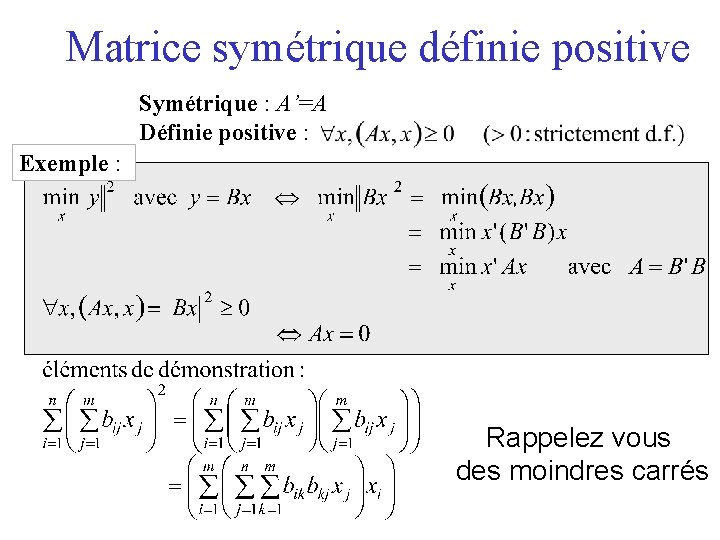 Matrice symétrique définie positive Symétrique : A’=A Définie positive : Exemple : Rappelez vous