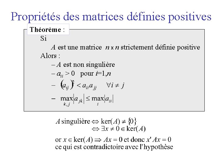 Propriétés des matrices définies positives Théorème : Si A est une matrice n x