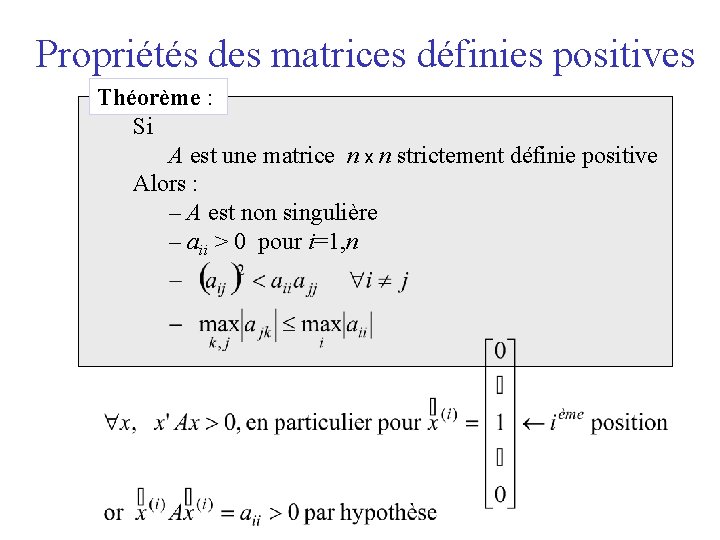 Propriétés des matrices définies positives Théorème : Si A est une matrice n x