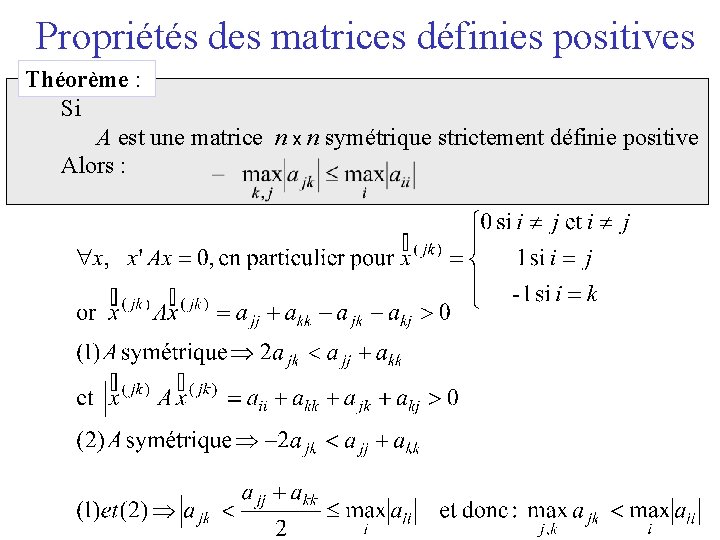 Propriétés des matrices définies positives Théorème : Si A est une matrice n x