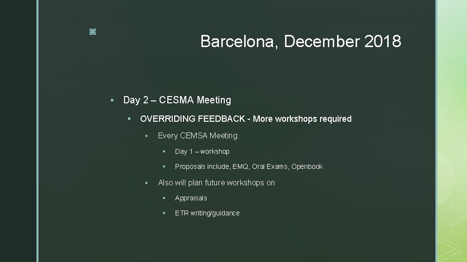 z Barcelona, December 2018 § Day 2 – CESMA Meeting § OVERRIDING FEEDBACK - z Barcelona, December 2018 § Day 2 – CESMA Meeting § OVERRIDING FEEDBACK -