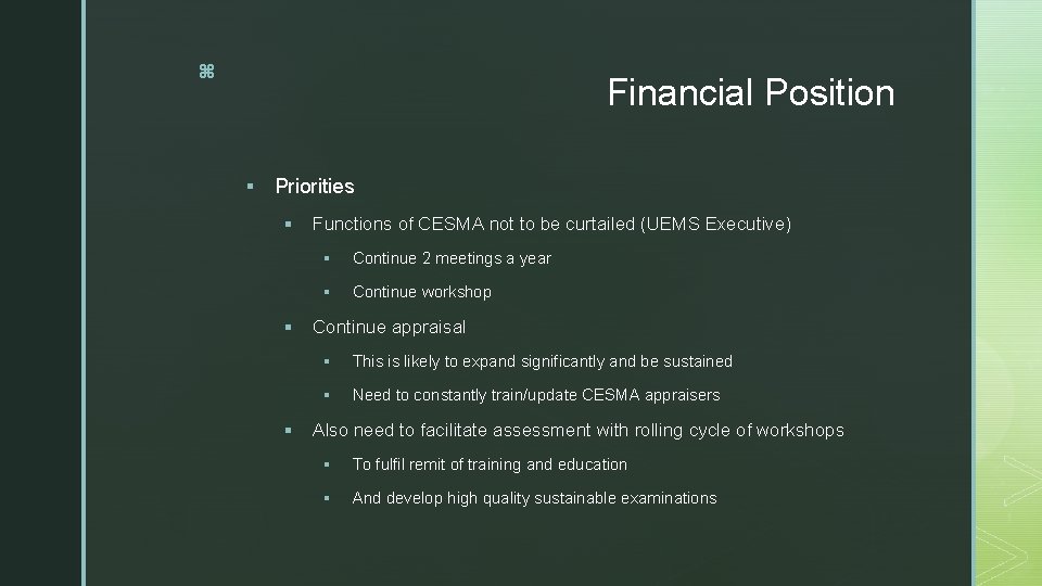 z Financial Position § Priorities § § § Functions of CESMA not to be z Financial Position § Priorities § § § Functions of CESMA not to be
