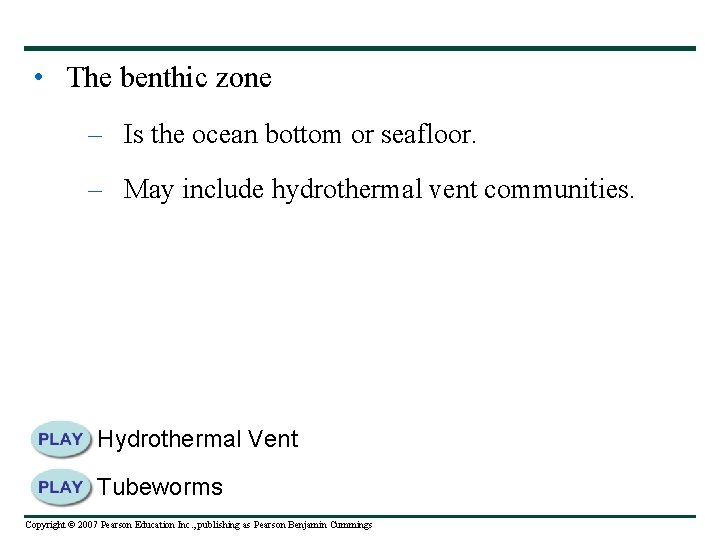  • The benthic zone – Is the ocean bottom or seafloor. – May