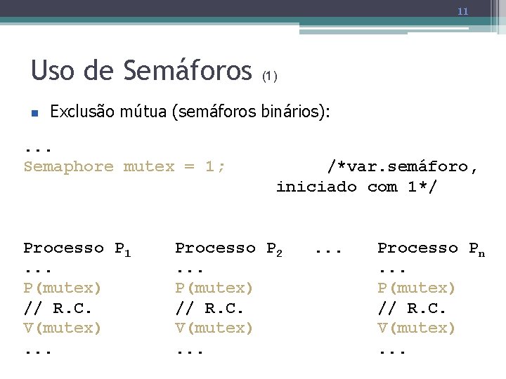 11 Uso de Semáforos n (1) Exclusão mútua (semáforos binários): . . . Semaphore