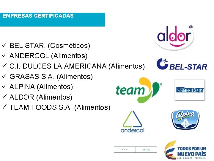 EMPRESAS CERTIFICADAS ü ü ü ü BEL STAR. (Cosméticos) ANDERCOL (Alimentos) C. I. DULCES