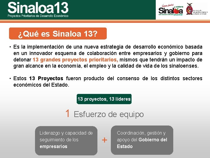 Sinaloa 25 Proyectos Prioritarios de Desarrollo Económico ¿Qué es Sinaloa 13? • Es la