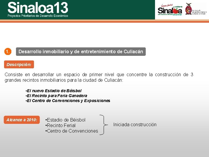 Sinaloa 25 Proyectos Prioritarios de Desarrollo Económico 1. Desarrollo inmobiliario y de entretenimiento de