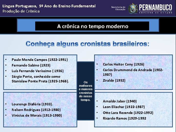 Língua Portuguesa, 9º Ano do Ensino Fundamental Produção de Crônica A crônica no tempo
