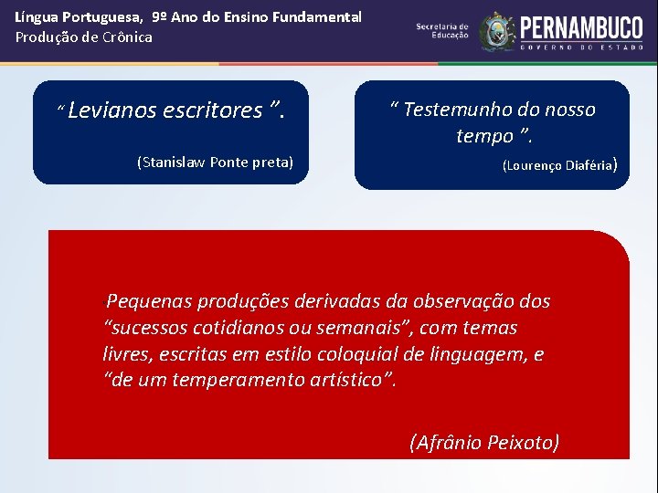 Língua Portuguesa, 9º Ano do Ensino Fundamental Produção de Crônica “ Levianos escritores ”.
