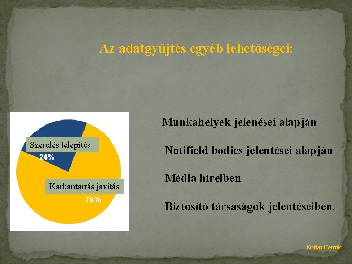 Az adatgyűjtés egyéb lehetőségei: Munkahelyek jelenései alapján Szerelés telepítés Karbantartás javítás Notifield bodies jelentései