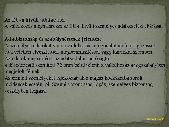 Az EU-n kívüli adatátvitel A vállalkozás meghatározza az EU-n kívüli személyes adatkezelési eljárását. Adatbiztonság