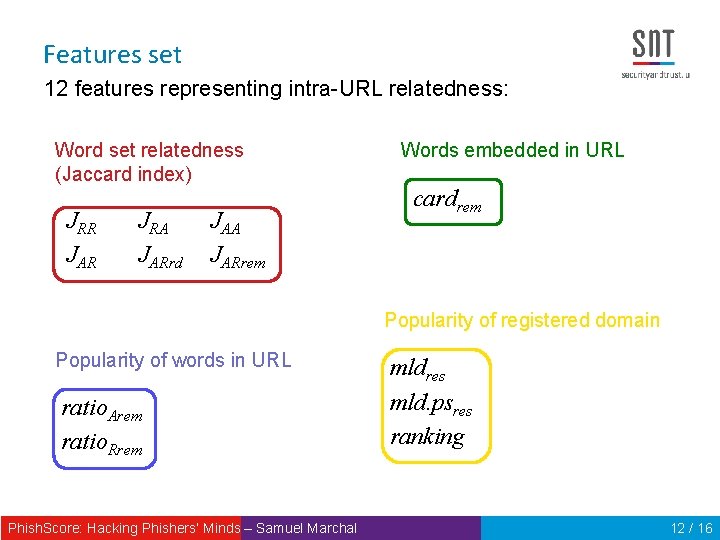 Features set 12 features representing intra-URL relatedness: Word set relatedness (Jaccard index) JRR JAR