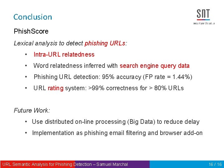 Conclusion Phish. Score Lexical analysis to detect phishing URLs: • Intra-URL relatedness • Word