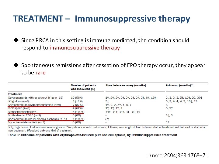 TREATMENT – Immunosuppressive therapy u Since PRCA in this setting is immune mediated, the
