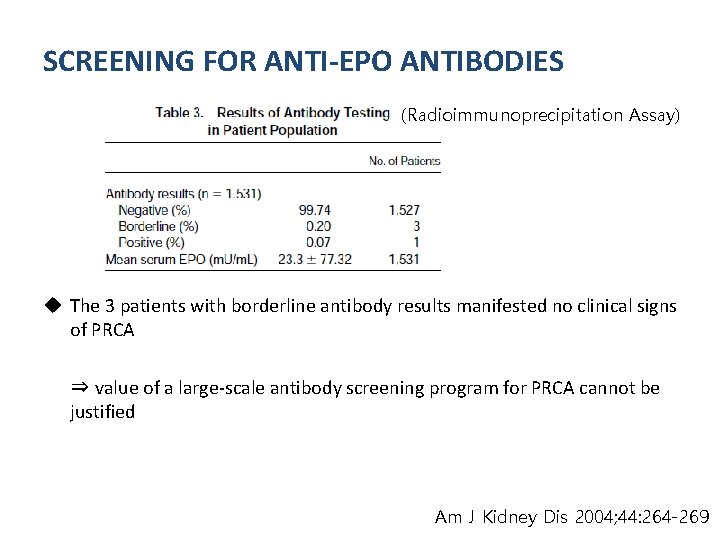 SCREENING FOR ANTI-EPO ANTIBODIES (Radioimmunoprecipitation Assay) u The 3 patients with borderline antibody results