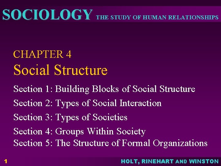 SOCIOLOGY THE STUDY OF HUMAN RELATIONSHIPS CHAPTER 4 Social Structure Section 1: Building Blocks