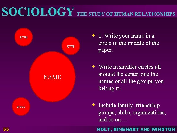 SOCIOLOGY THE STUDY OF HUMAN RELATIONSHIPS w 1. Write your name in a group