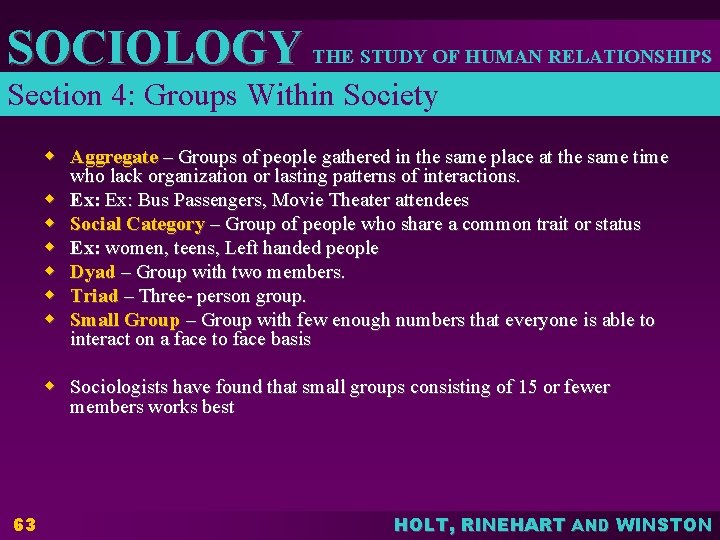 SOCIOLOGY THE STUDY OF HUMAN RELATIONSHIPS Section 4: Groups Within Society w Aggregate –