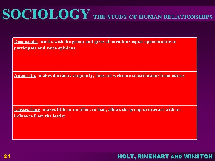 SOCIOLOGY THE STUDY OF HUMAN RELATIONSHIPS Democratic- works with the group and gives all