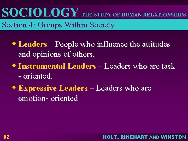 SOCIOLOGY THE STUDY OF HUMAN RELATIONSHIPS Section 4: Groups Within Society w Leaders –